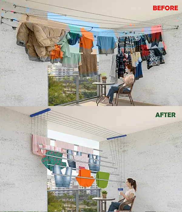 Balcony transformation with City Hangers ceiling cloth drying hanger Bangalore