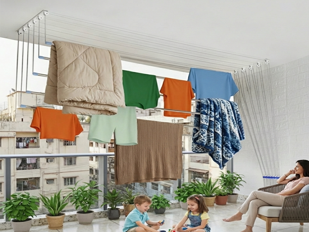 Ceiling pulley cloth drying hanger installed in Bangalore balcony
